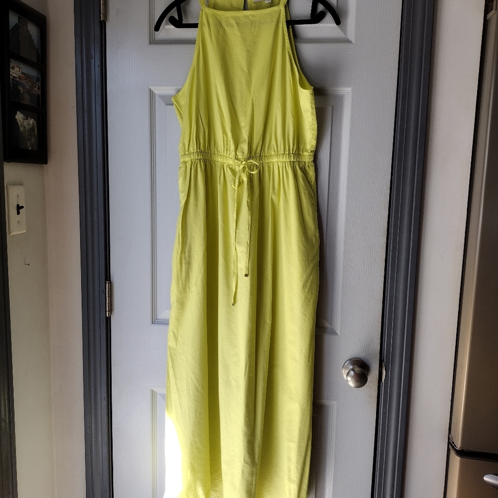 LOFT Green (Chartreuse)  Maxi Halter Sun Dress W/ Pockets Small